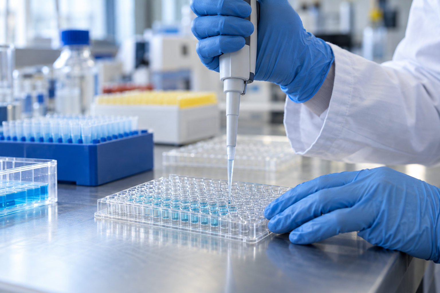Gloved hands pipetting into a microplate at a laboratory bench